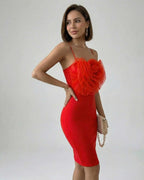 Lauven Camellia Mini Dress in elegant red with layered rose detail and spaghetti straps.