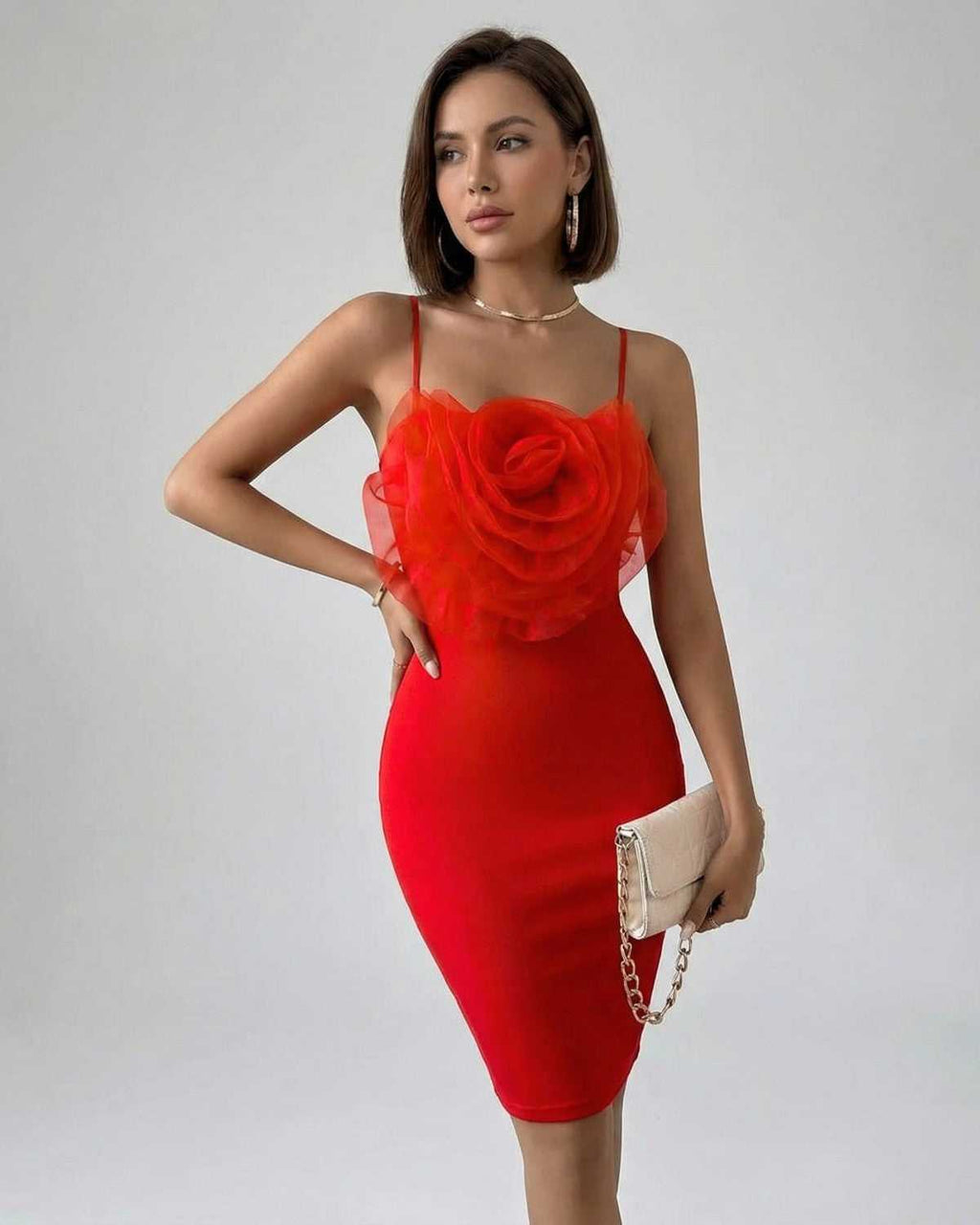 Camellia Mini Dress by Lauven featuring a striking red sheath silhouette and layered rose detail on the bodice.