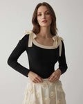 Camellia Pullover by Lauven - Women’s black knit sweater with bow detail for refined style.
