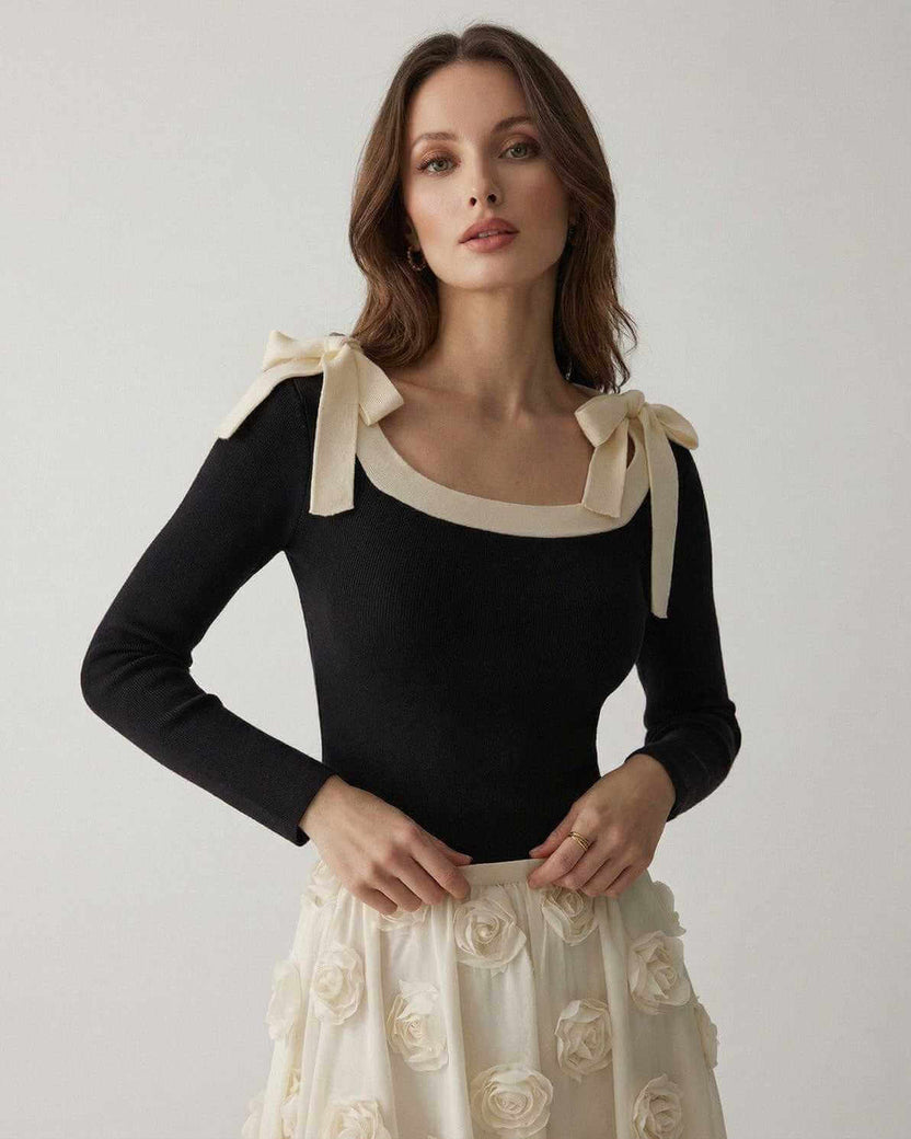 Camellia Pullover by Lauven - Women’s black knit sweater with bow detail for refined style.