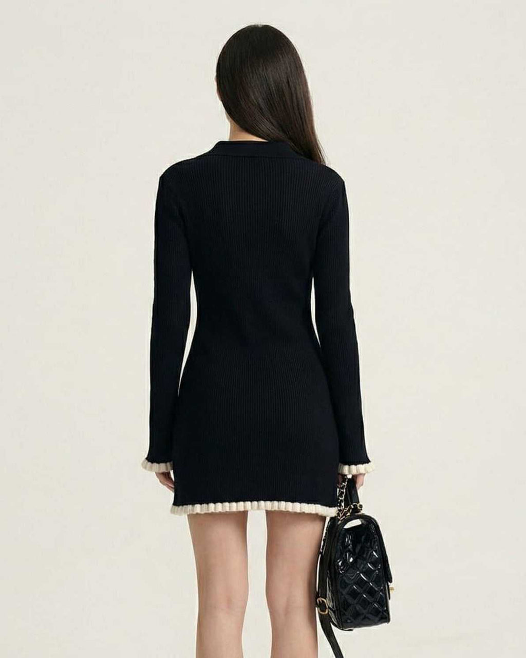 Capri Mini Dress by Lauven - Black long sleeve bodycon mini dress with contrast trim and ribbed texture.