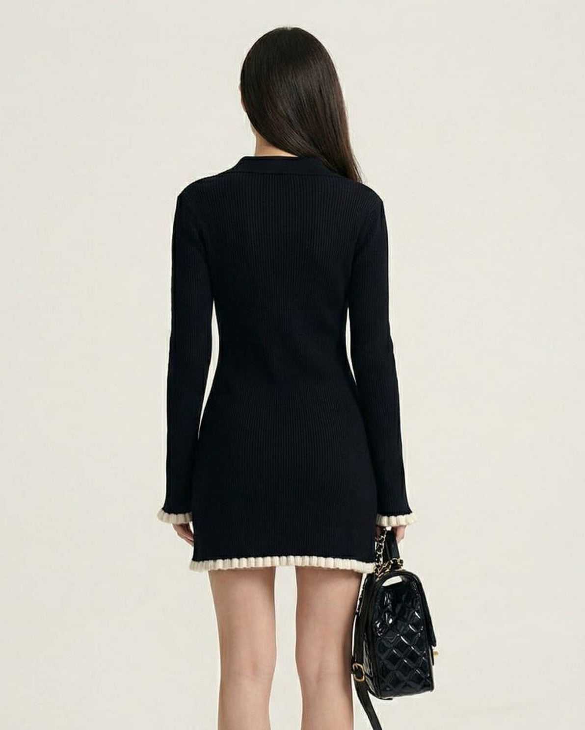 Capri Mini Dress by Lauven - Black long sleeve bodycon mini dress with contrast trim and ribbed texture.