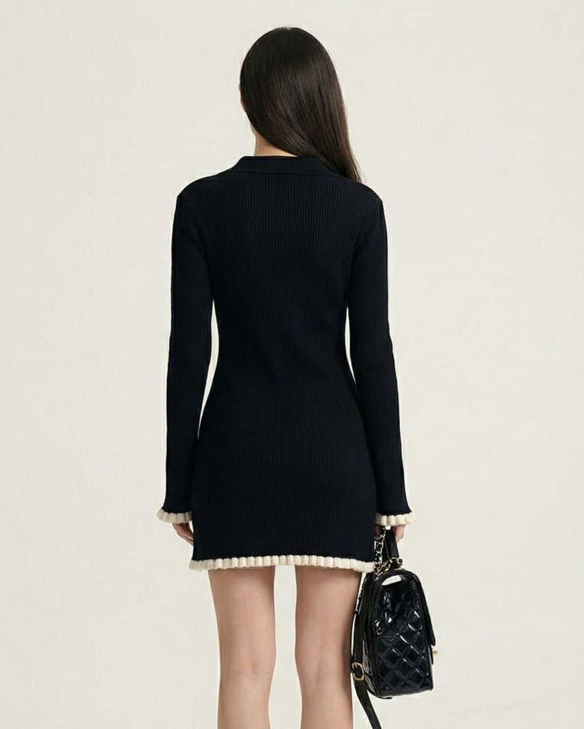 Capri Mini Dress by Lauven - Black long sleeve bodycon mini dress with contrast trim and ribbed texture.