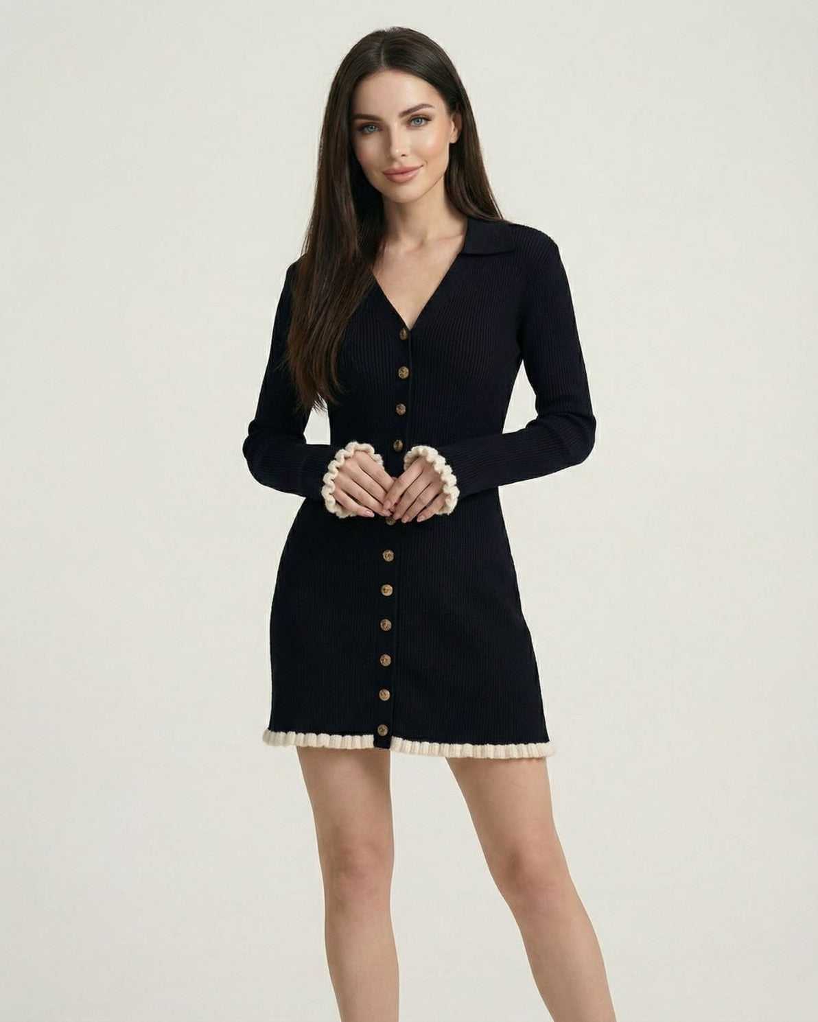 Capri Mini Dress by Lauven, a black long sleeve bodycon dress with V-neck and contrast trim.