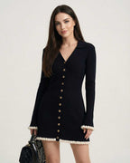 Capri Mini Dress by Lauven featuring a long sleeve V-neck design with contrast trim and button-front details.