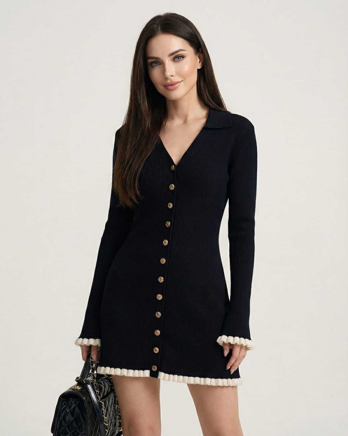 Capri Mini Dress by Lauven featuring a long sleeve V-neck design with contrast trim and button-front details.