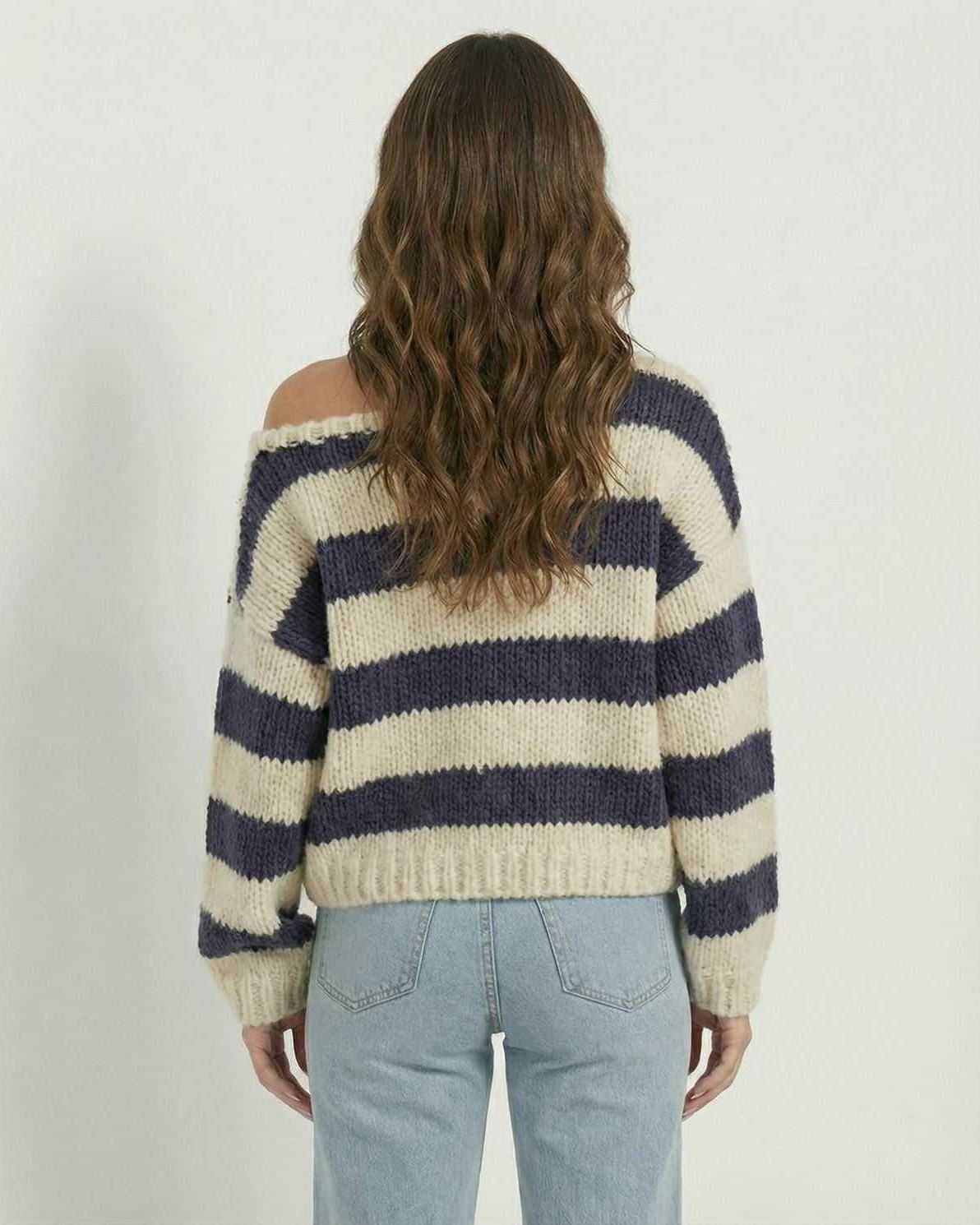 Capri Pullover by Lauven showcasing a striped V-neck design with a relaxed fit, featuring navy and ivory colors.
