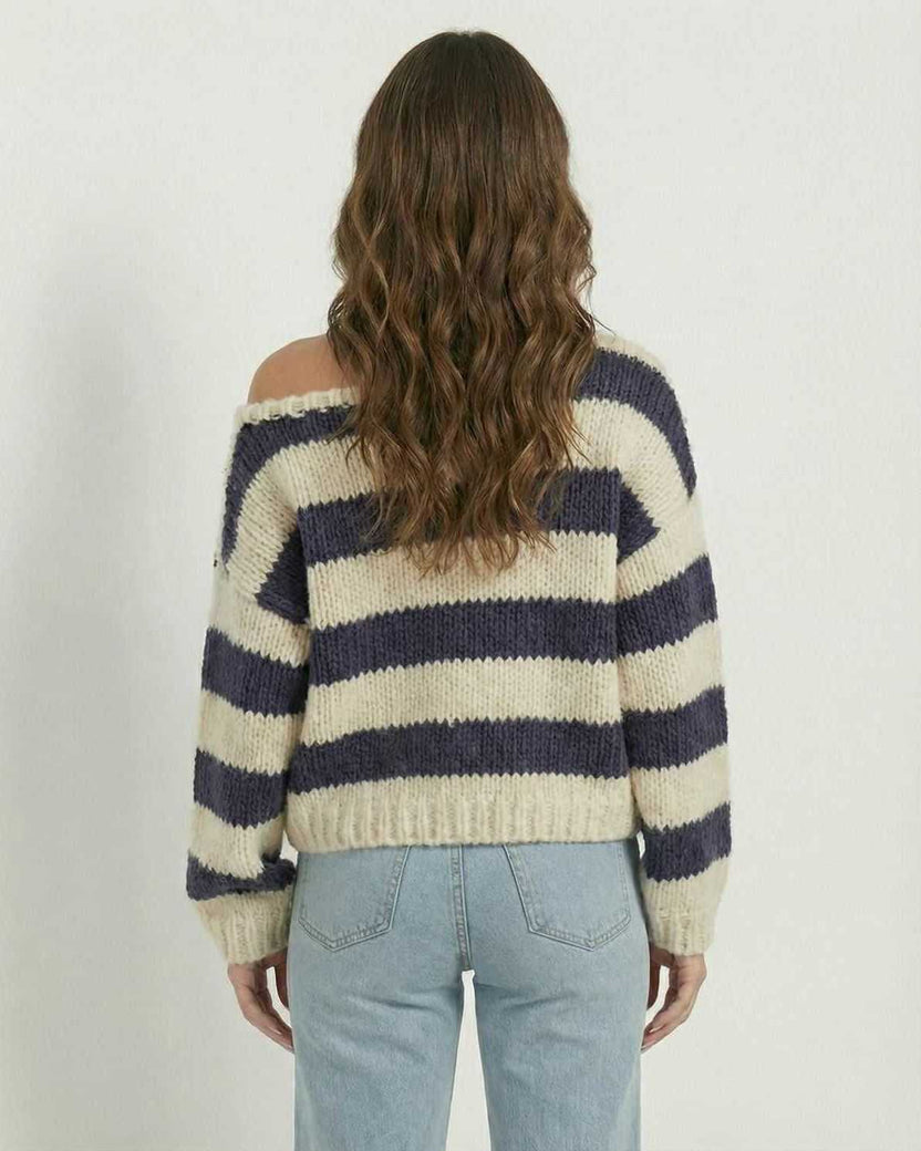 Capri Pullover by Lauven showcasing a striped V-neck design with a relaxed fit, featuring navy and ivory colors.
