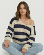 Capri Pullover by Lauven - Striped V-Neck Knit Sweater with Relaxed Fit and Classic Navy and Ivory Colors