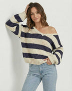Lauven Capri Pullover - Striped V-Neck Knit Sweater in Navy and Ivory with Relaxed Fit