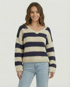 Capri Pullover by Lauven in navy and ivory striped knit with a relaxed fit and V-neck design.