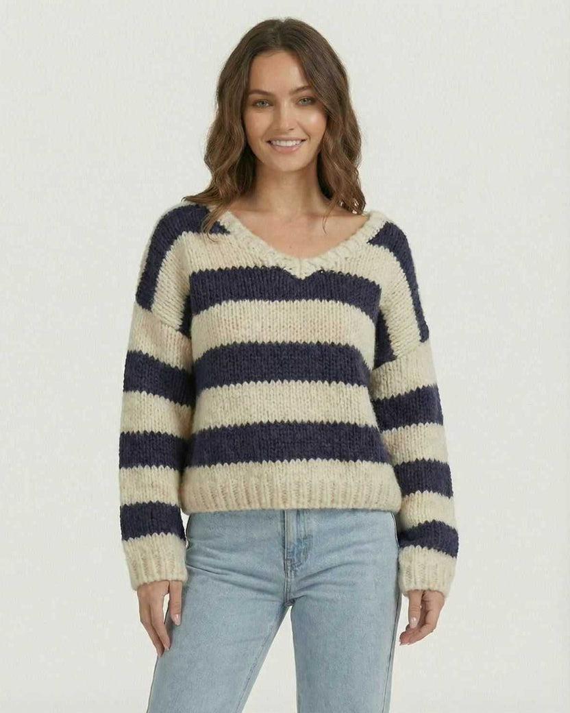 Capri Pullover by Lauven in navy and ivory striped knit with a relaxed fit and V-neck design.