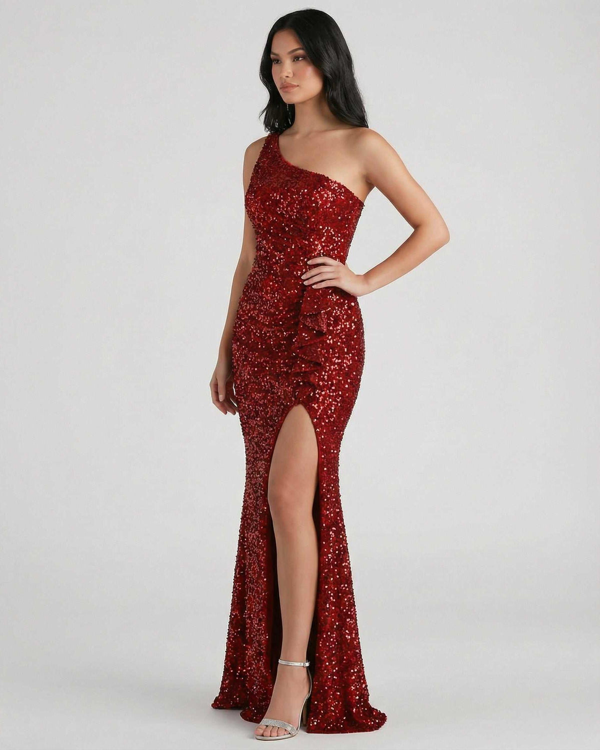Catalina Maxi Dress by Lauven - Red Sequin Maxi Dress with One Shoulder and High Slit, showcasing elegance and glamour.