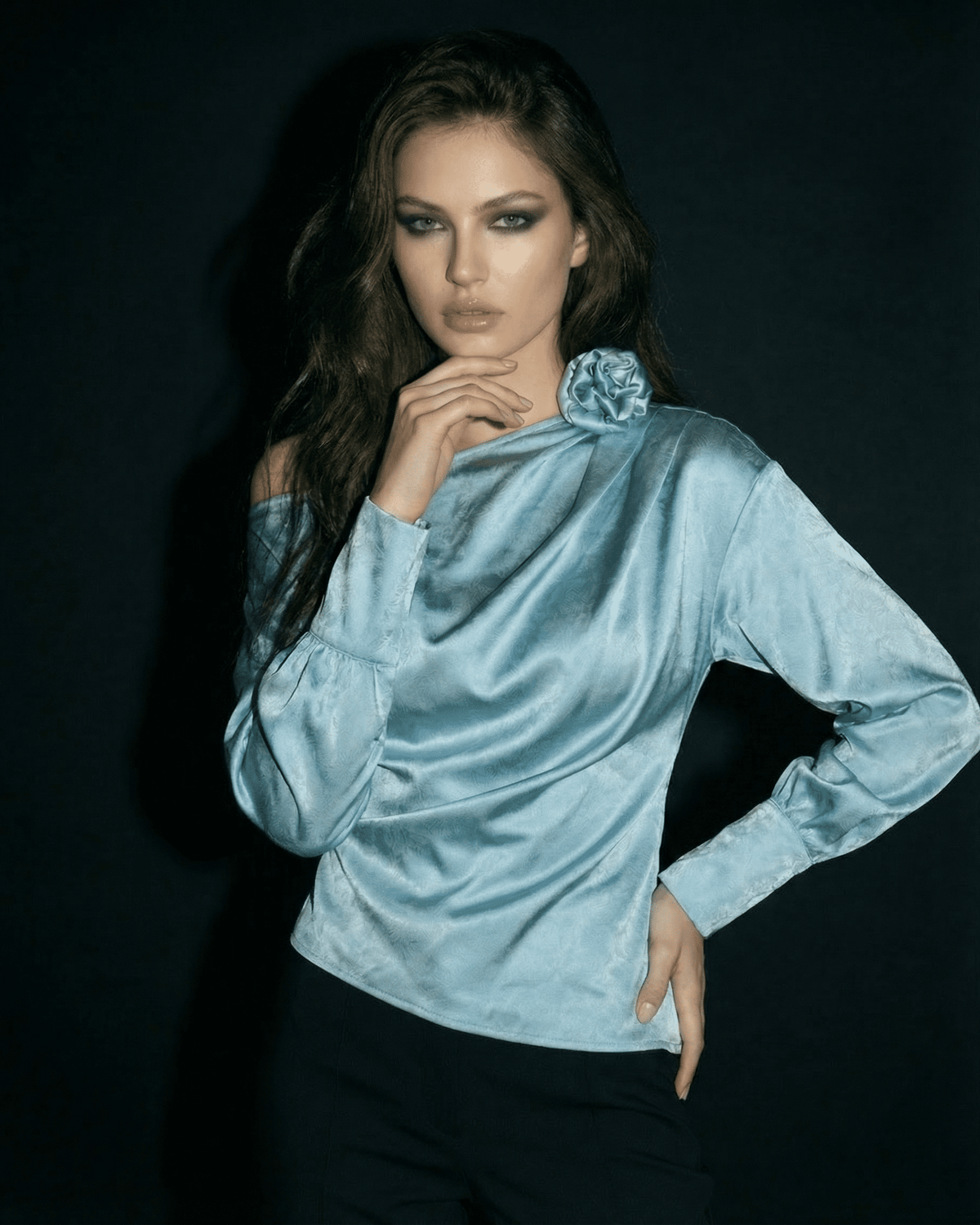 Celeste Blouse by Lauven featuring asymmetrical neckline and long sleeves in a satin-style finish.