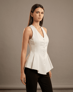 Celeste Blouse by Lauven, tailored sleeveless satin top with V-neck design, perfect for polished daytime and evening looks.