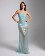 Celeste Maxi Dress featuring aqua sequins, U-neck, strappy back, by Lauven, perfect for making a striking statement.