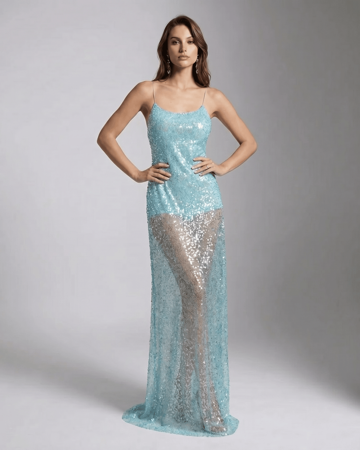 Celeste Maxi Dress featuring aqua sequins, U-neck, strappy back, by Lauven, perfect for making a striking statement.