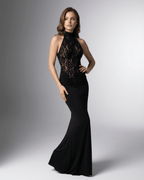 Celeste Maxi Dress by Lauven, elegant black halter neck dress with lace bodice and open back, perfect for formal occasions.