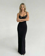 Celeste Maxi Dress by Lauven featuring a form-fitting cut and lace bodice detail for an elegant evening look.