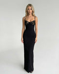 Celeste Maxi Dress by Lauven featuring a lace bodice detail, sleek black silhouette, perfect for evening wear.