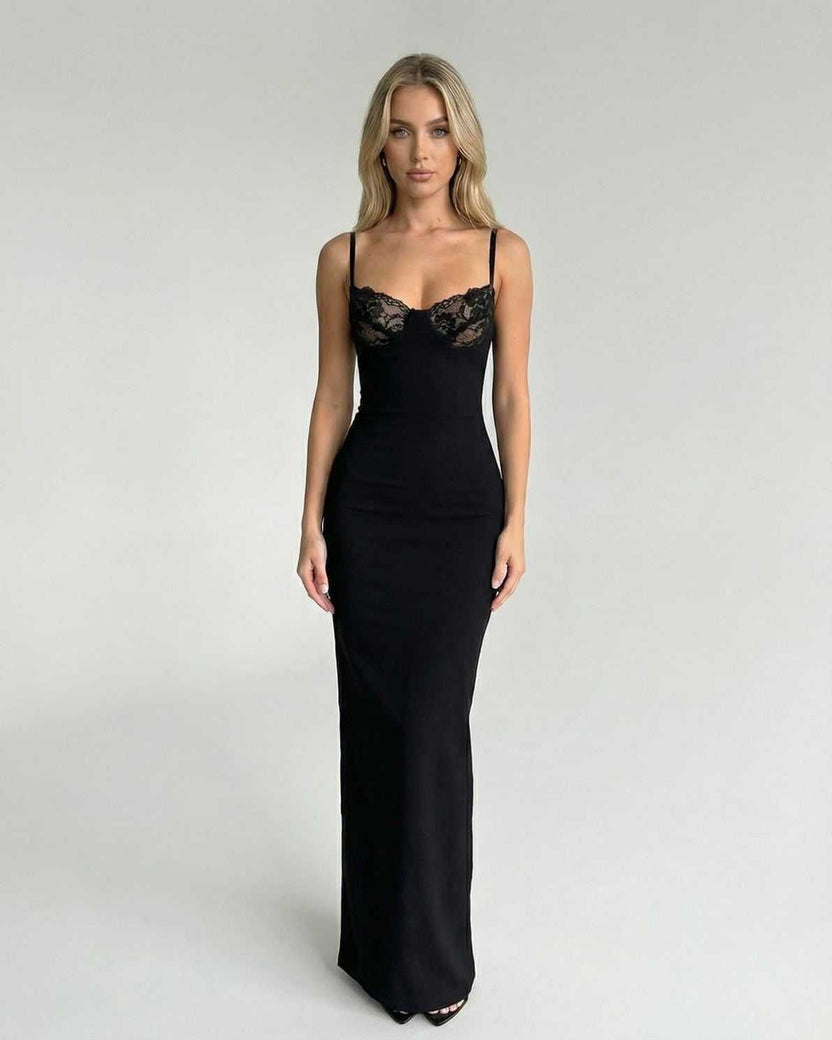 Celeste Maxi Dress by Lauven featuring a lace bodice detail, sleek black silhouette, perfect for evening wear.