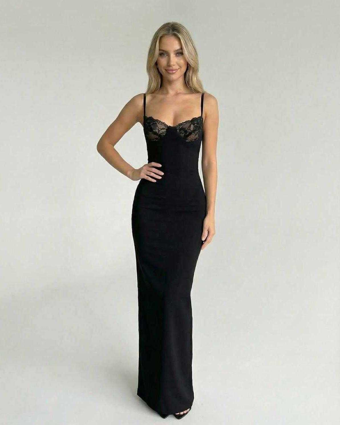 Celeste Maxi Dress by Lauven featuring a lace bodice detail, sleek black design, and form-fitting silhouette.