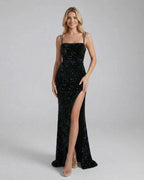 Elegant Celeste Maxi Dress by Lauven featuring sequin embellishment and a daring high slit, perfect for evening wear.