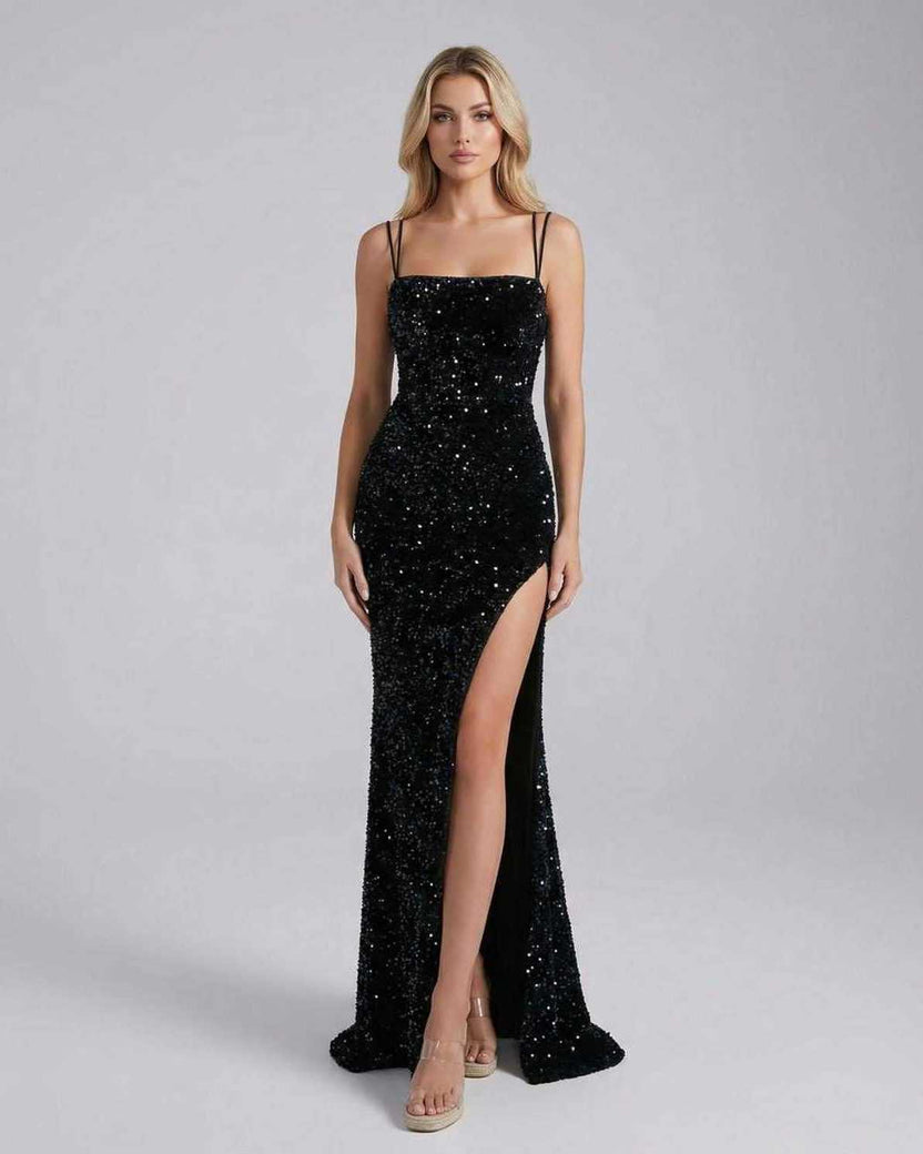Celeste Maxi Dress by Lauven featuring sequin embellishment and high slit, perfect for evening elegance.