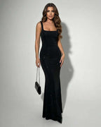 Celeste Maxi Dress by Lauven, sleek black stretch satin with subtle sparkle, perfect for elegant occasions.
