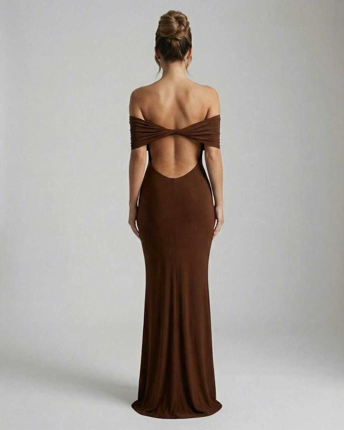 Celeste Maxi Dress by Lauven, showcasing a sleek brown strapless design with an elegant open back.