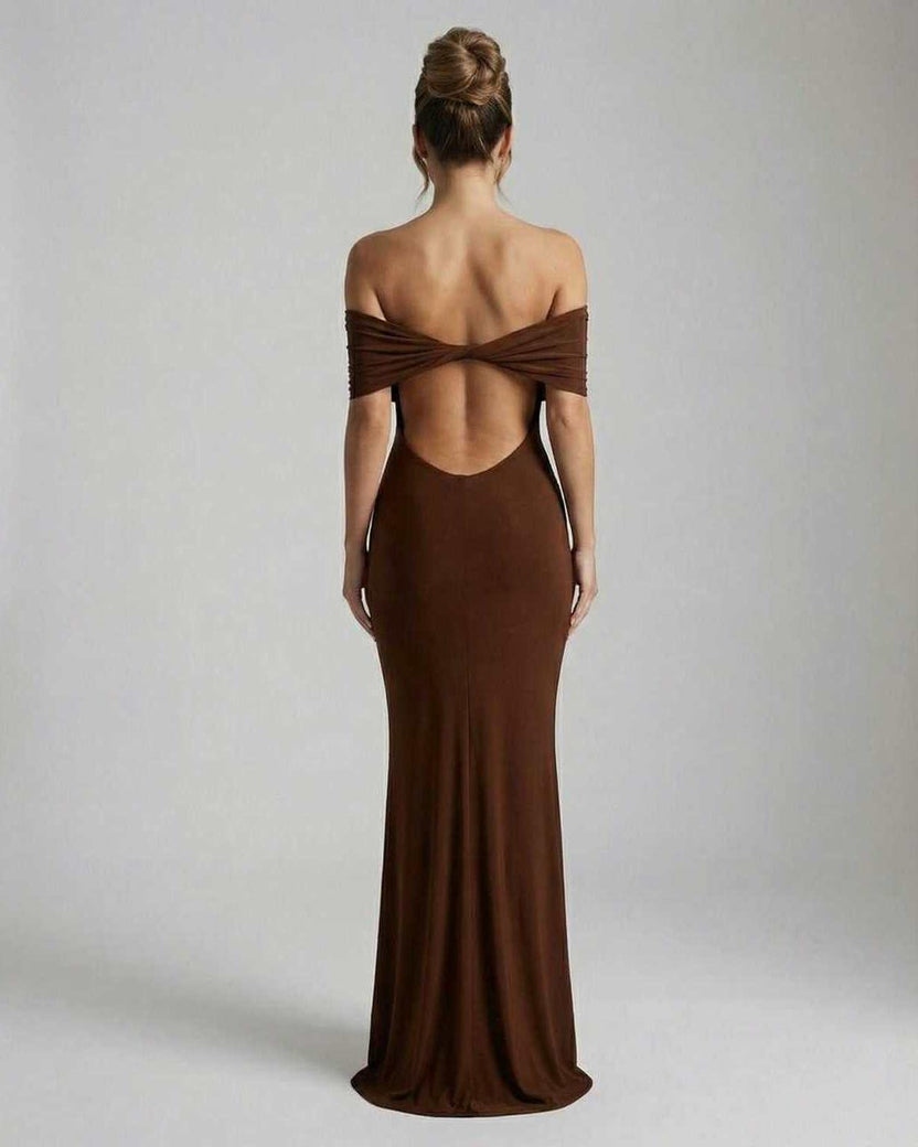 Celeste Maxi Dress by Lauven, showcasing a sleek brown strapless design with an elegant open back.