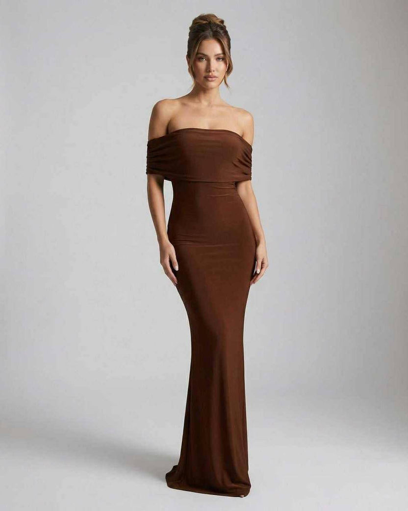 Lauven Celeste Maxi Dress - Sleek brown strapless sheath with figure-skimming silhouette.