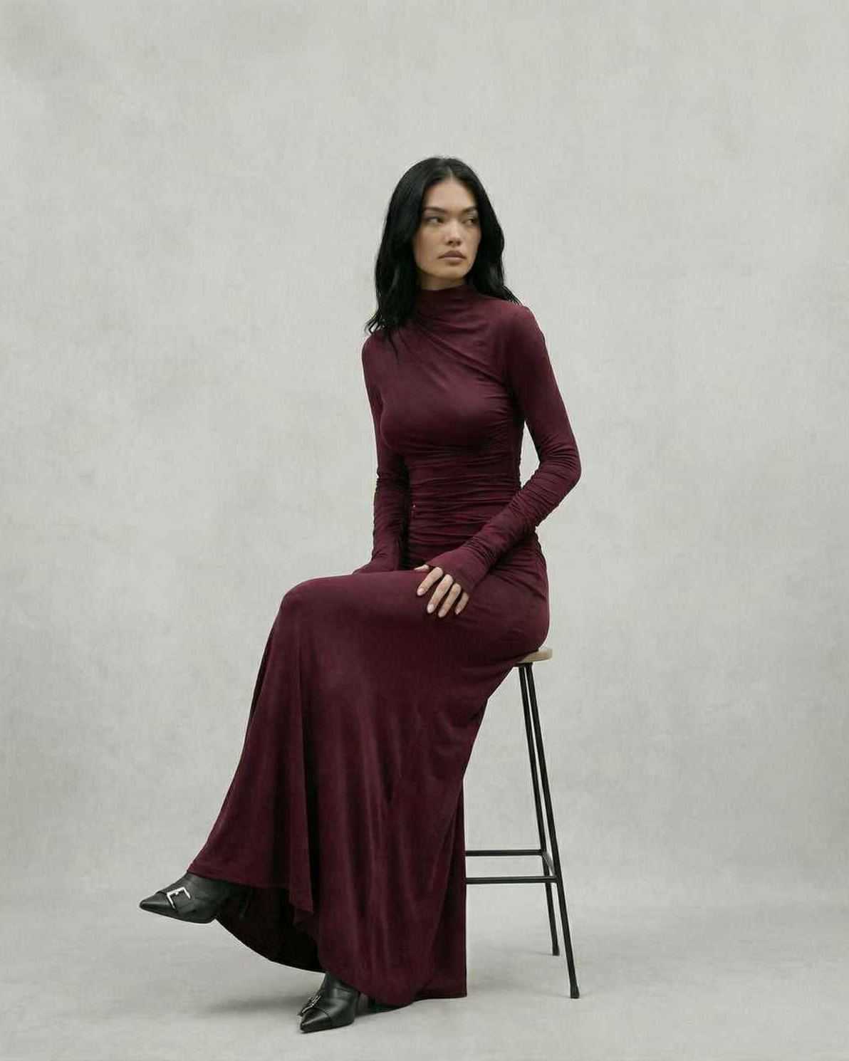 Celeste Maxi Dress by Lauven in elegant burgundy, showcasing a slim-fit silhouette and sophisticated half-high collar.