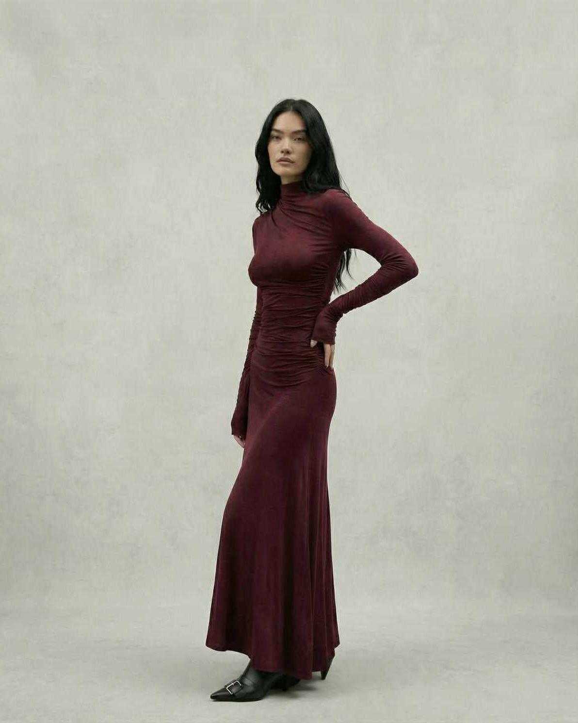 Celeste Maxi Dress by Lauven in elegant burgundy, showcasing a stylish sheath silhouette.