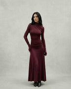 Celeste Maxi Dress by Lauven, elegant burgundy sheath silhouette, perfect for high street fashion.