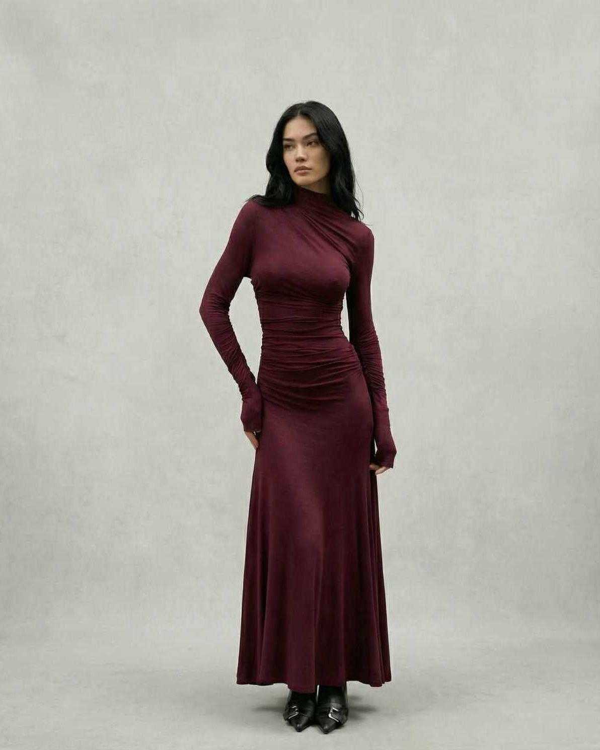 Celeste Maxi Dress by Lauven, elegant burgundy sheath silhouette, perfect for high street fashion.