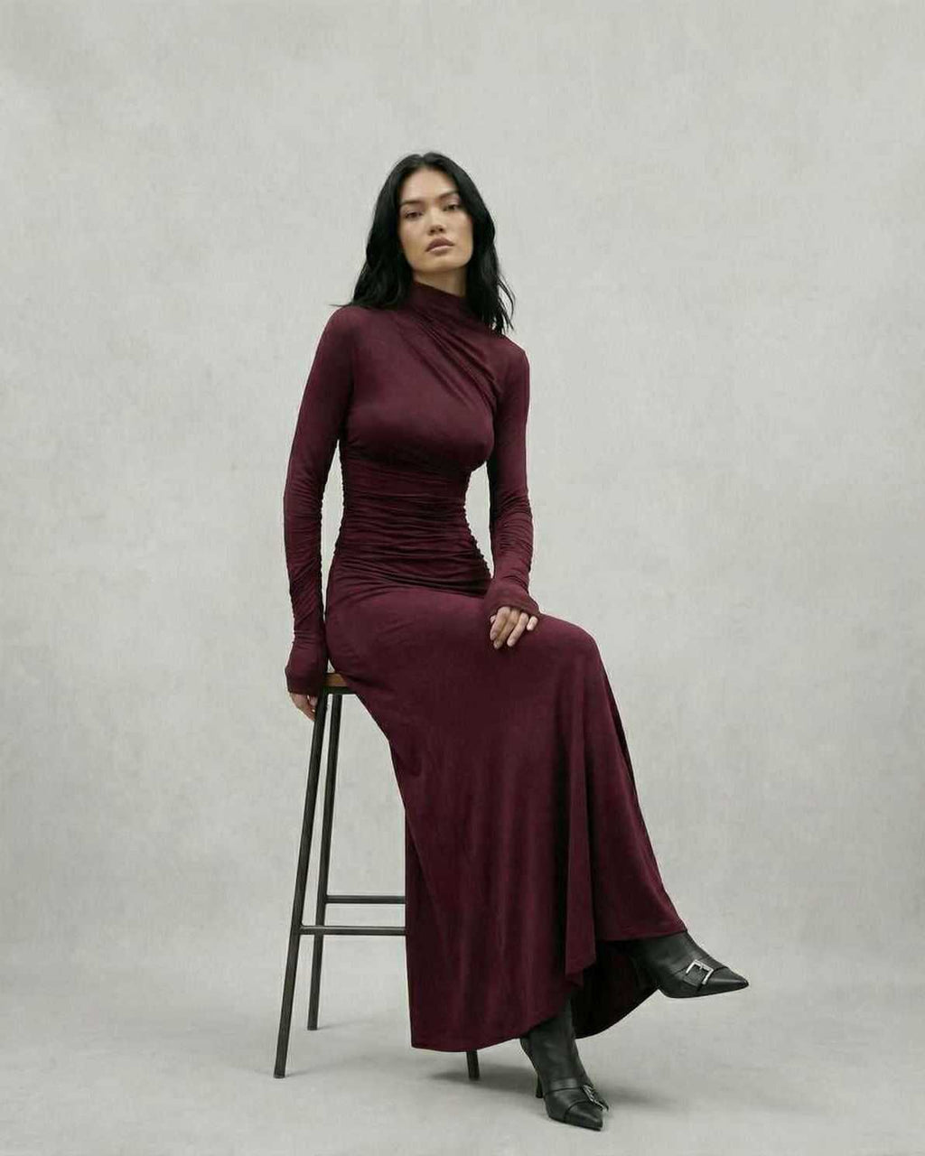 Celeste Maxi Dress by Lauven in elegant burgundy, showcasing a sheath silhouette with a half-high collar and raglan sleeves.