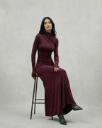 Celeste Maxi Dress by Lauven in elegant burgundy, showcasing a sheath silhouette with a half-high collar and raglan sleeves.