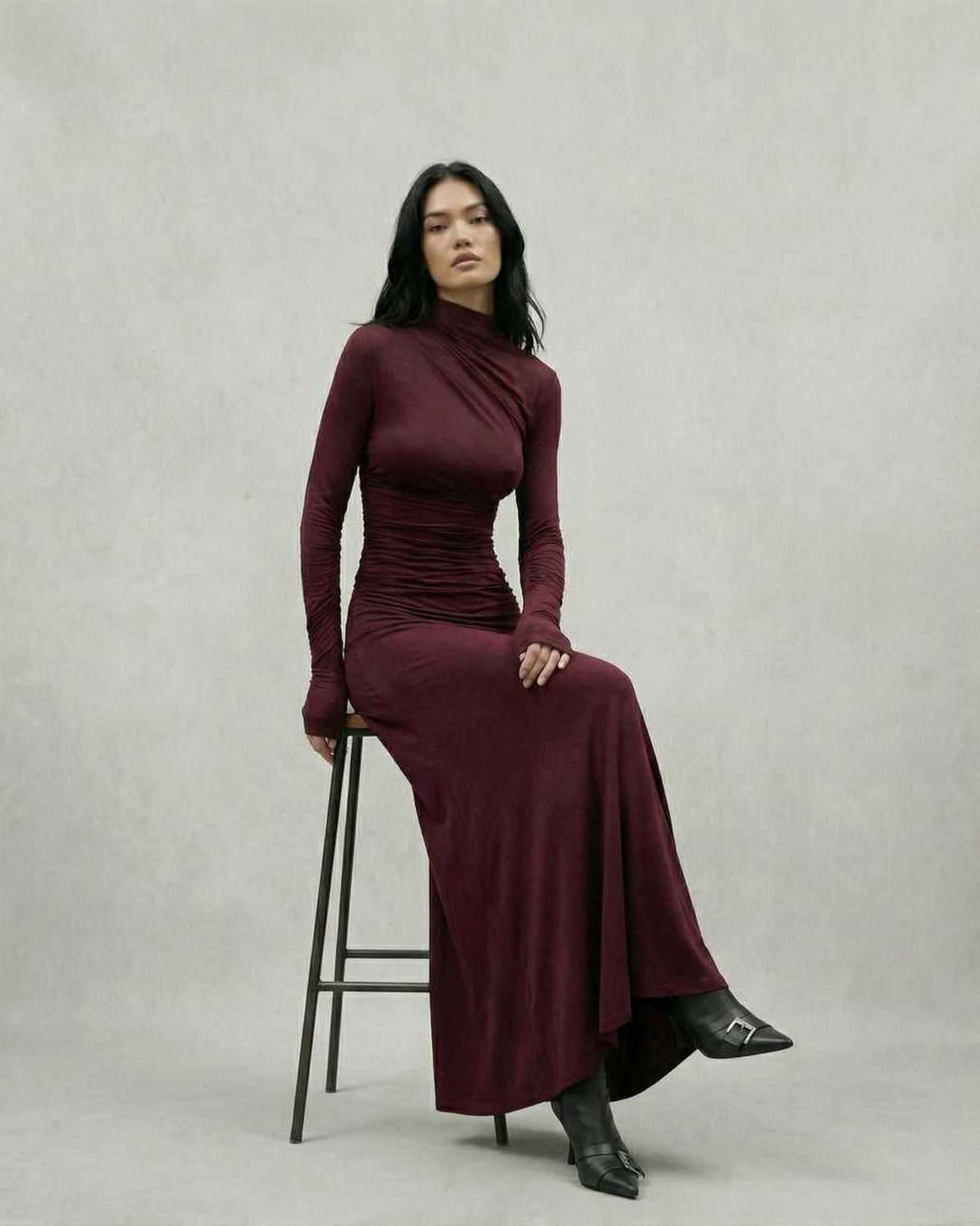 Celeste Maxi Dress by Lauven in elegant burgundy, showcasing a sheath silhouette with a half-high collar and raglan sleeves.