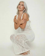 Celeste Maxi Dress by Lauven, featuring sleek crochet knit design and elegant sleeveless silhouette.