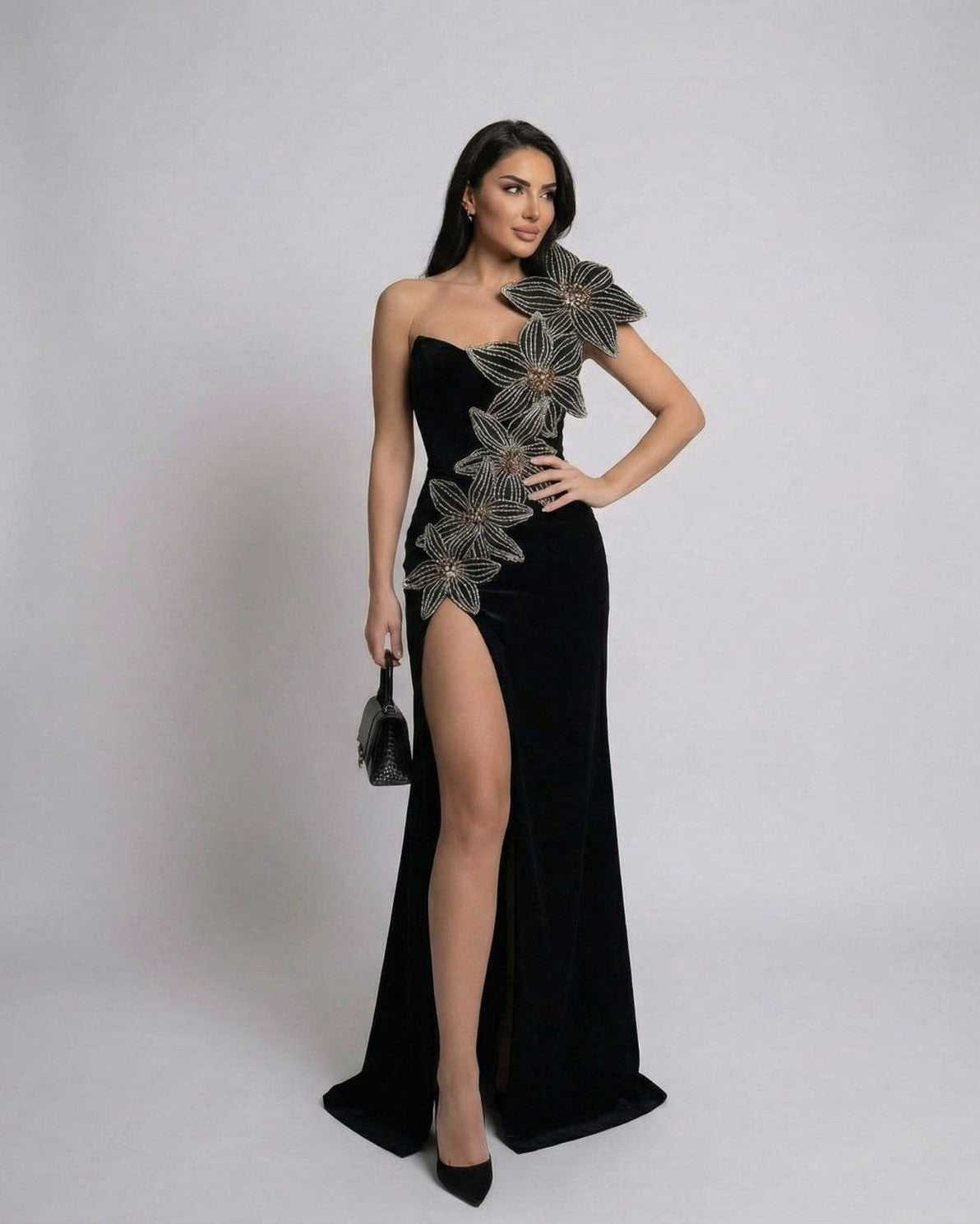 Celeste Maxi Dress by Lauven with elegant floral embellishments and thigh-high slit, showcasing refined glamour.