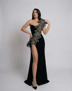 Celeste Maxi Dress by Lauven featuring elegant floral embellishments and a thigh-high slit.