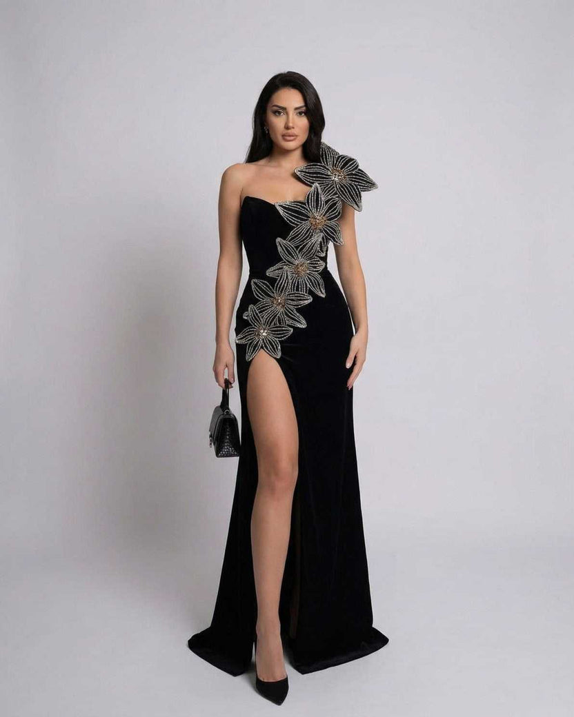 Celeste Maxi Dress by Lauven featuring elegant floral embellishments and a thigh-high slit.