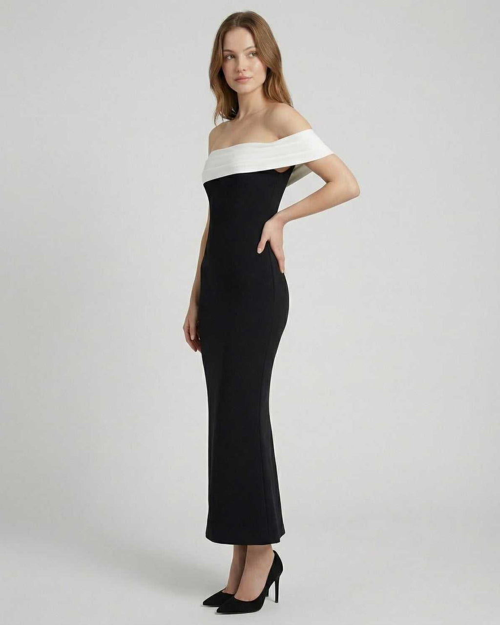 Celeste Maxi Dress by Lauven featuring elegant off-shoulder design in black and white.