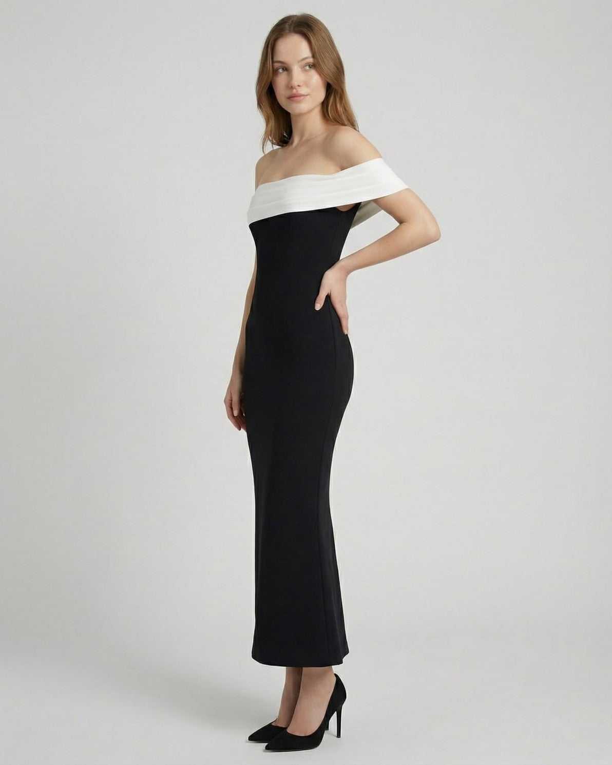 Celeste Maxi Dress by Lauven featuring elegant off-shoulder design in black and white.
