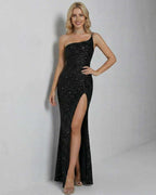 Celeste Maxi Dress by Lauven, elegant one-shoulder black sequin gown with thigh-high slit and body-hugging fit.