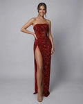 Celeste Maxi Dress by Lauven, elegant red sequin strapless gown featuring a daring high slit for a sophisticated look.