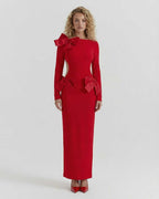 Celeste Maxi Dress by Lauven, elegant red sheath silhouette with bow accents, perfect for autumn and winter styling.