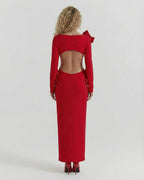 Celeste Maxi Dress by Lauven, elegant red sheath dress with bow accents, showcasing back design and ankle-length silhouette.