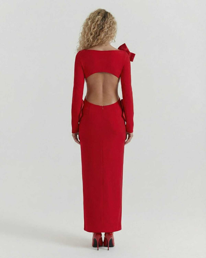 Celeste Maxi Dress by Lauven, elegant red sheath dress with bow accents, showcasing back design and ankle-length silhouette.